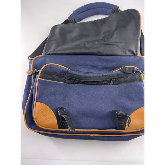 Vintage LL Bean Bag Blue Tan Waxed Canvas Laptop School 18 x 12 Work Career - Picture 4 of 12